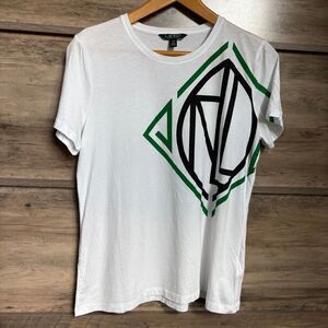 LRL Lauren Ralph Lauren L Green White Tee Blouse Top Preppy Boardwalk Luxury